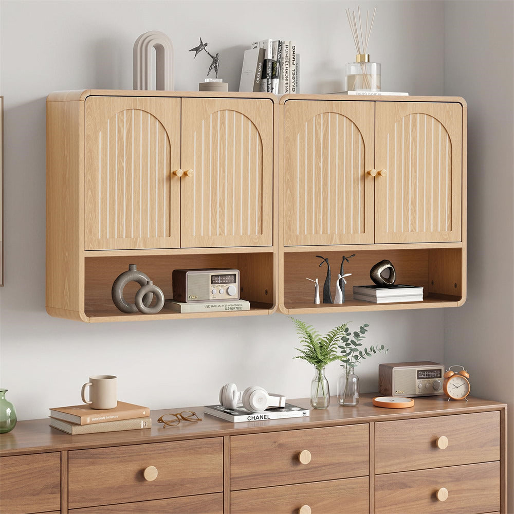 Wooden wall-mounted cabinet with shelves and a matching dresser against a gray wall.