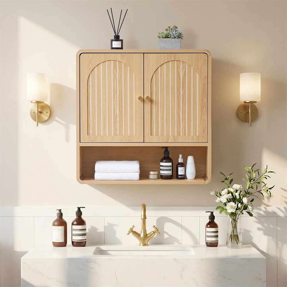 Bathroom with wooden cabinet, sink, and decorative elements