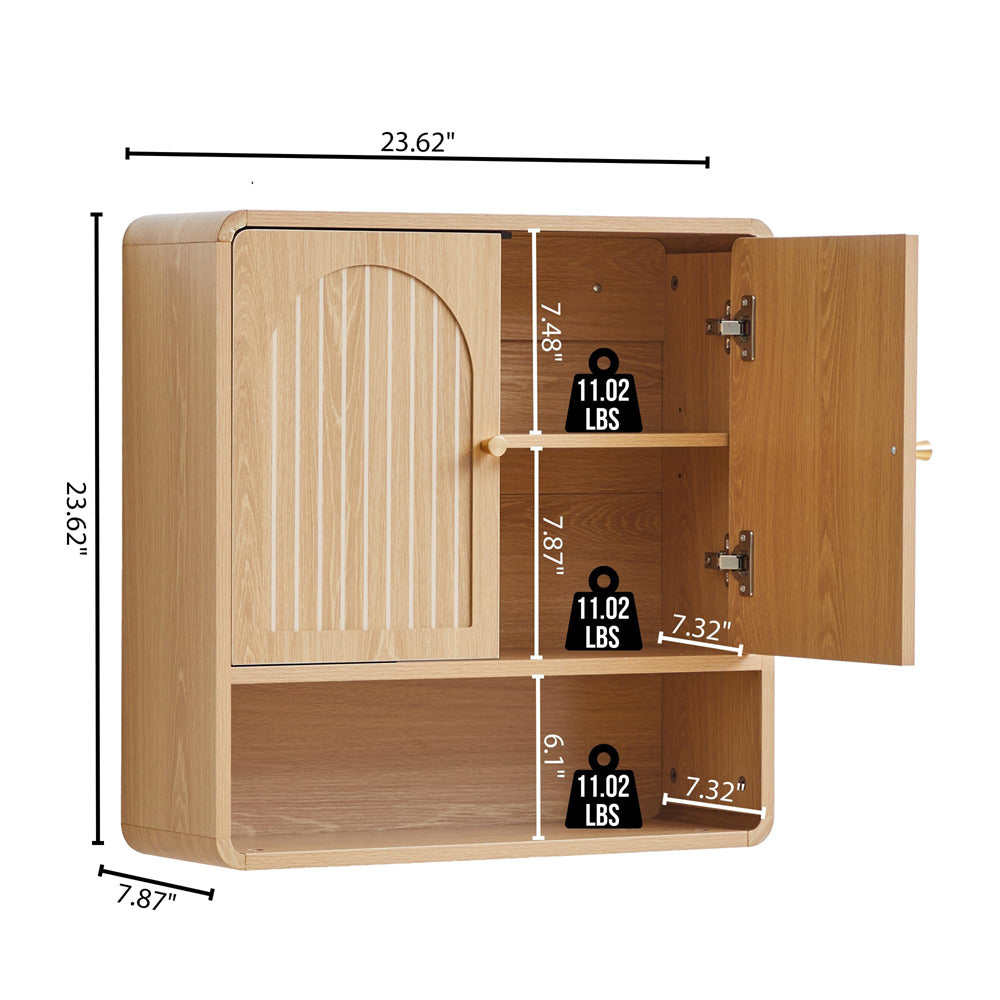 Wooden cabinet with open door showing dimensions and weight labels.