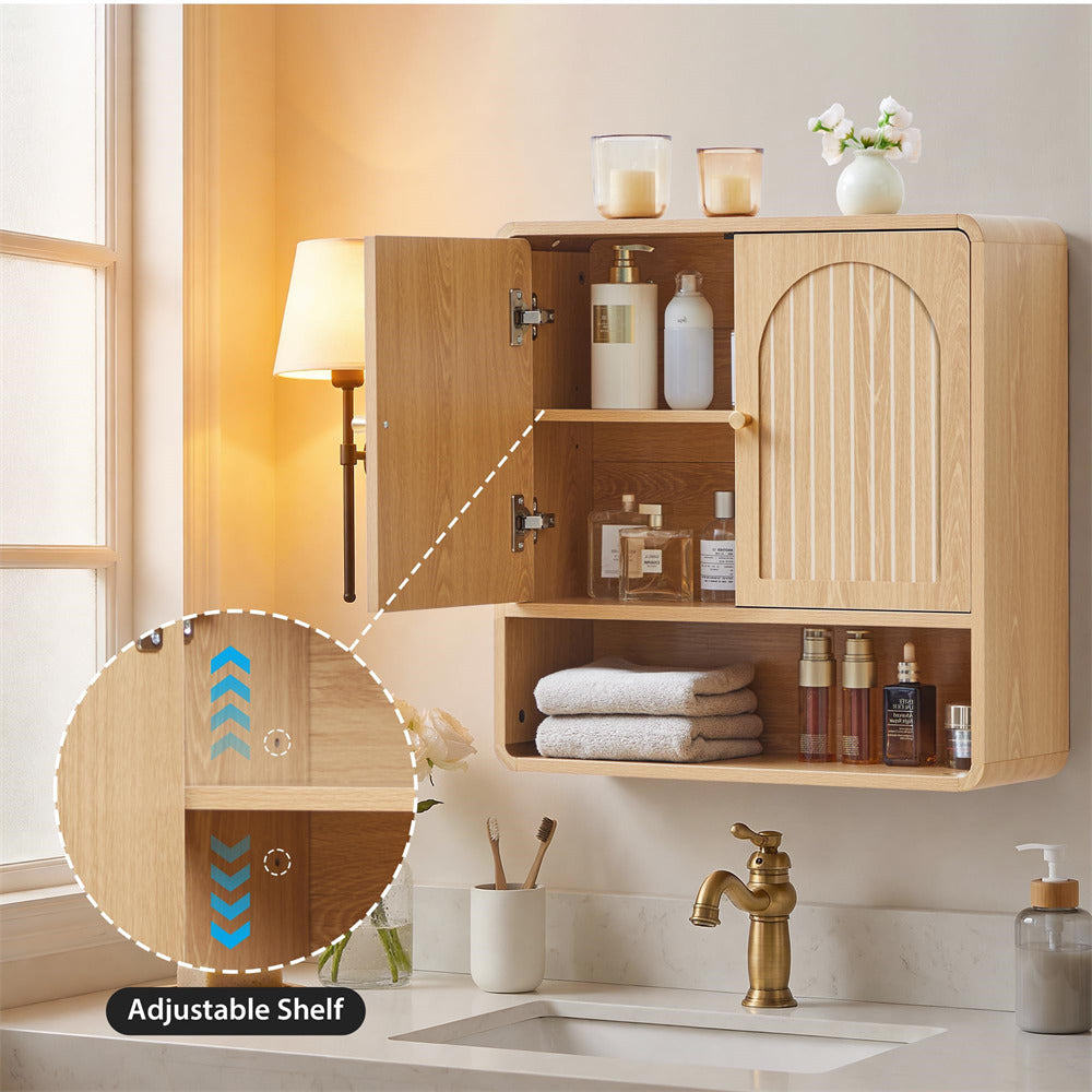 Wooden cabinet with adjustable shelf in a bathroom setting