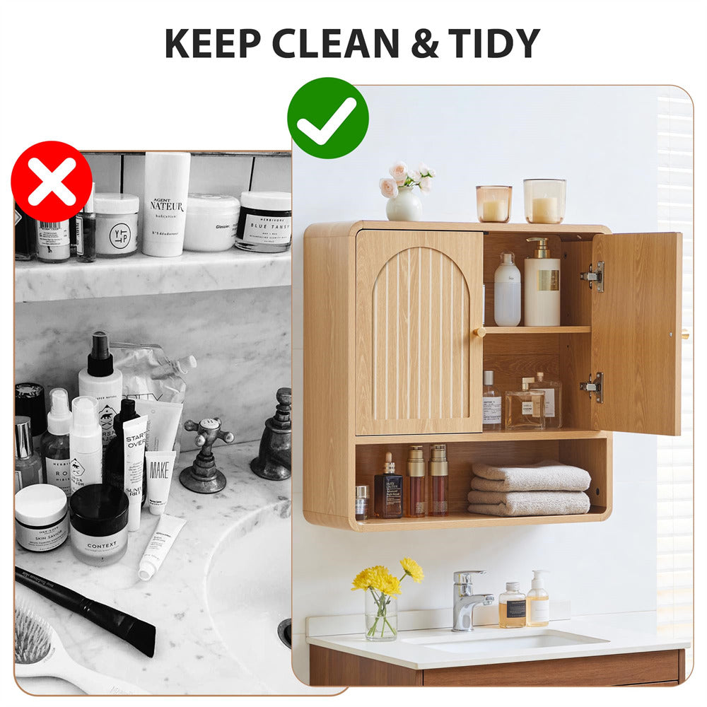 Natural Bathrooom Wall Mounted Storage Cabinet with Adjustable Shelf and Classical Striped