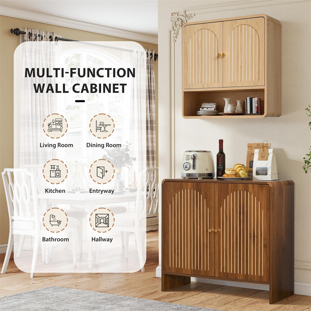 Wooden multi-function wall cabinet with icons indicating its versatility in different rooms.