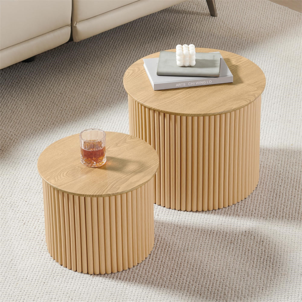 Natural Boho Round Fluted Wood Nesting Coffee Table Set of 2 Farmhouse End Table Set
