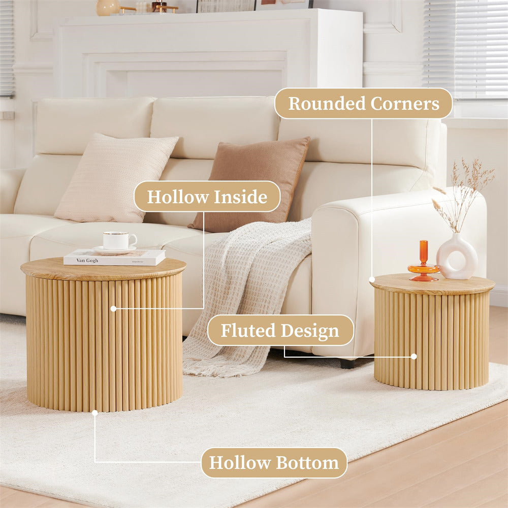 Two wooden side tables with architectural features labeled in a living room setting.
