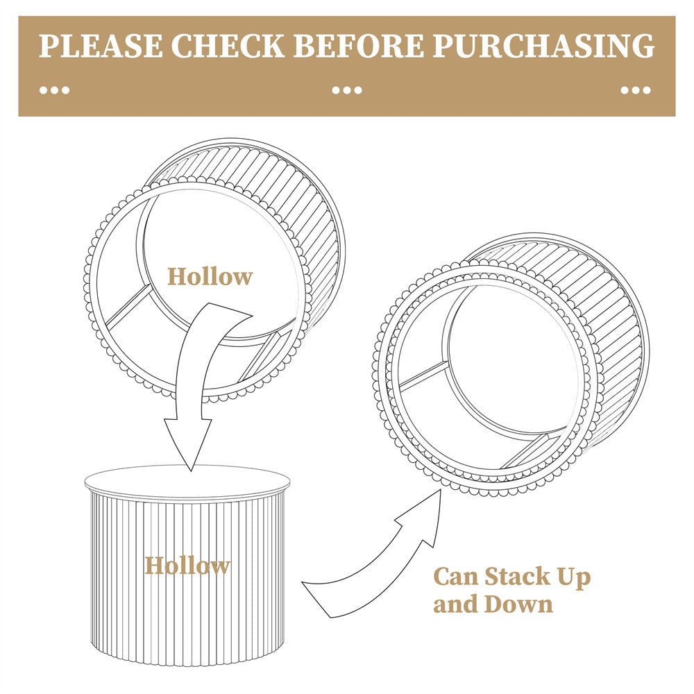 Diagram showing a hollow cylindrical object with circular ends, labeled 'Hollow' and 'Can Stack Up and Down'.