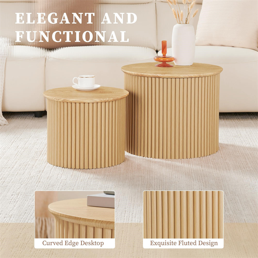 Two wooden coffee tables with a fluted design in a living room setting.