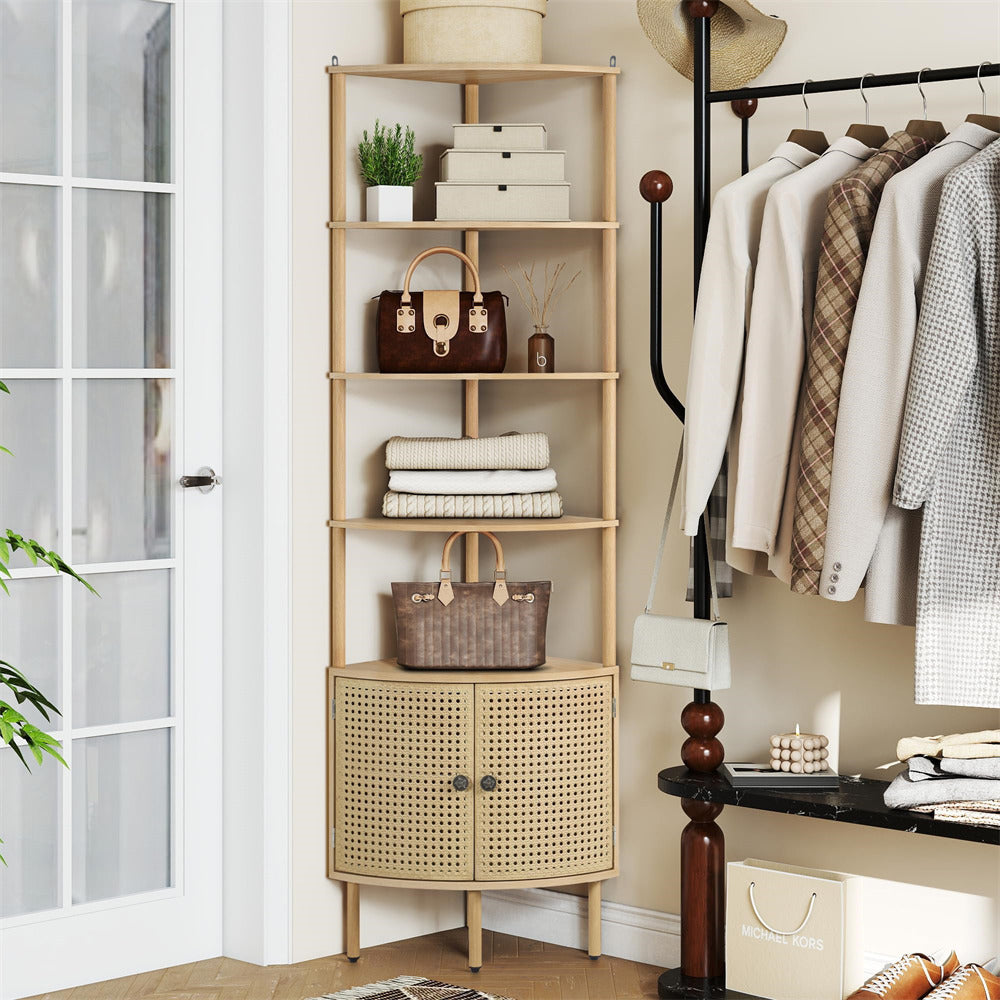 Natural Corner 5-Tier Tall Industrial Bookshelf Organizer with Doors