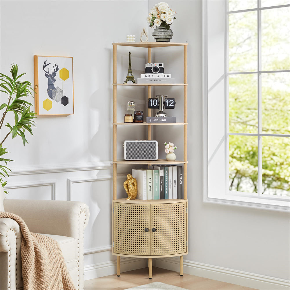 Beige corner shelf with decorative items in a room with a window and plant.
