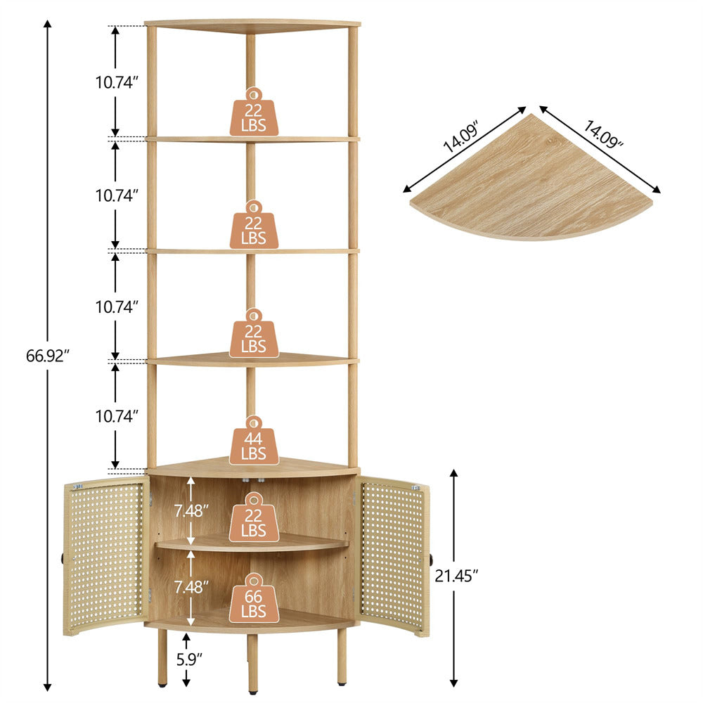 Natural Corner 5-Tier Tall Industrial Bookshelf Organizer with Doors