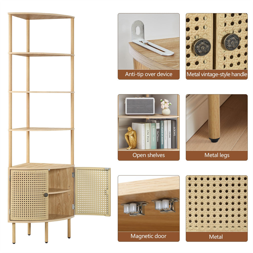 Natural Corner 5-Tier Tall Industrial Bookshelf Organizer with Doors