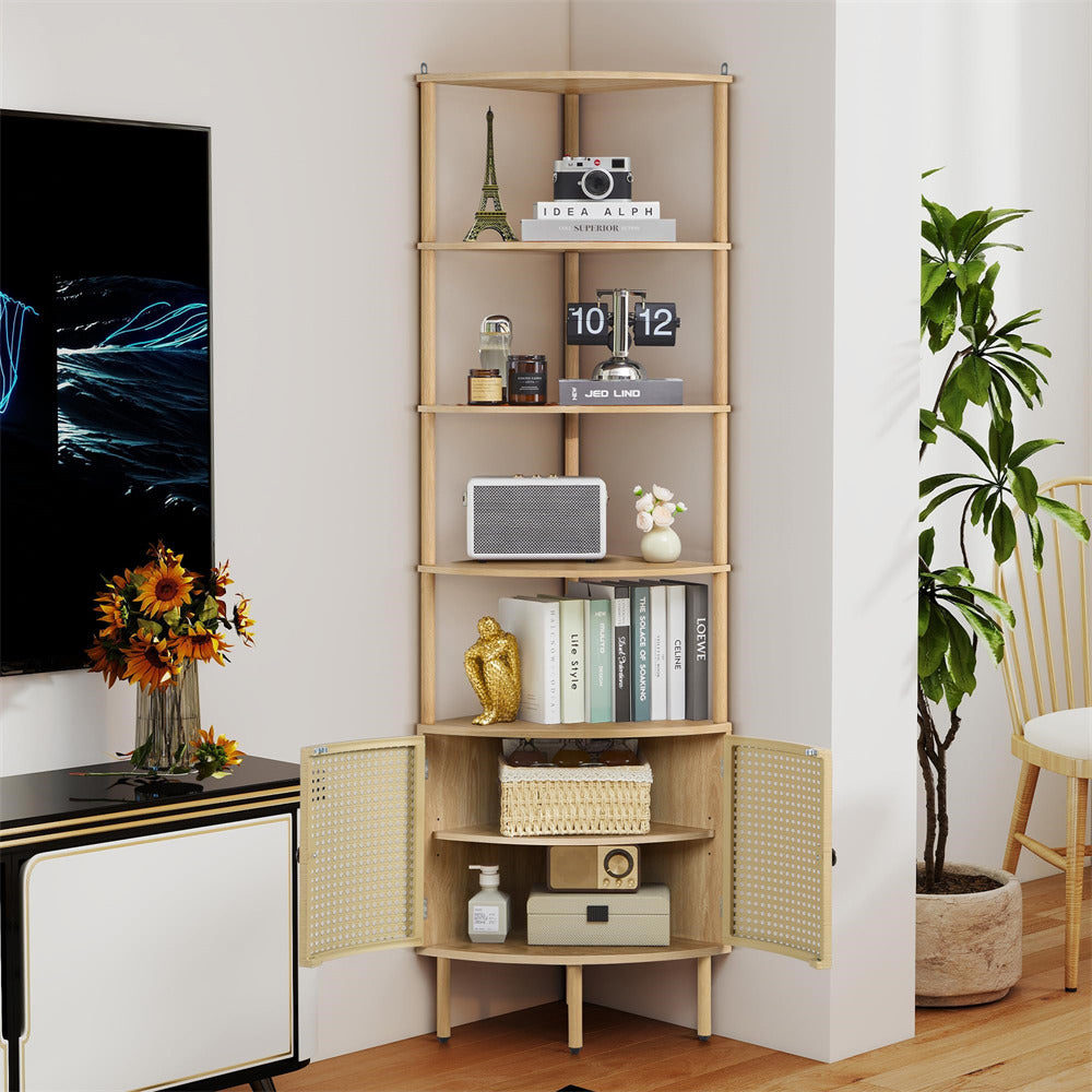 Natural Corner 5-Tier Tall Industrial Bookshelf Organizer with Doors