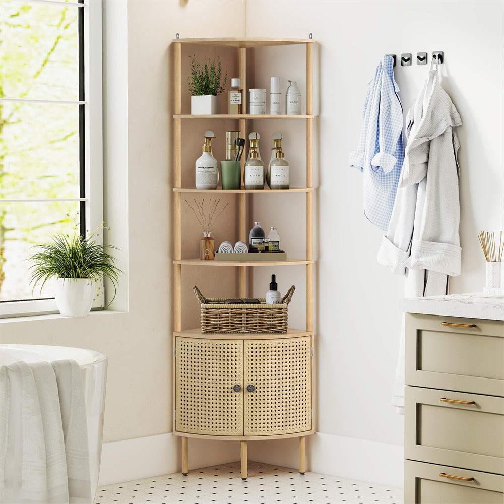 Natural Corner 5-Tier Tall Industrial Bookshelf Organizer with Doors