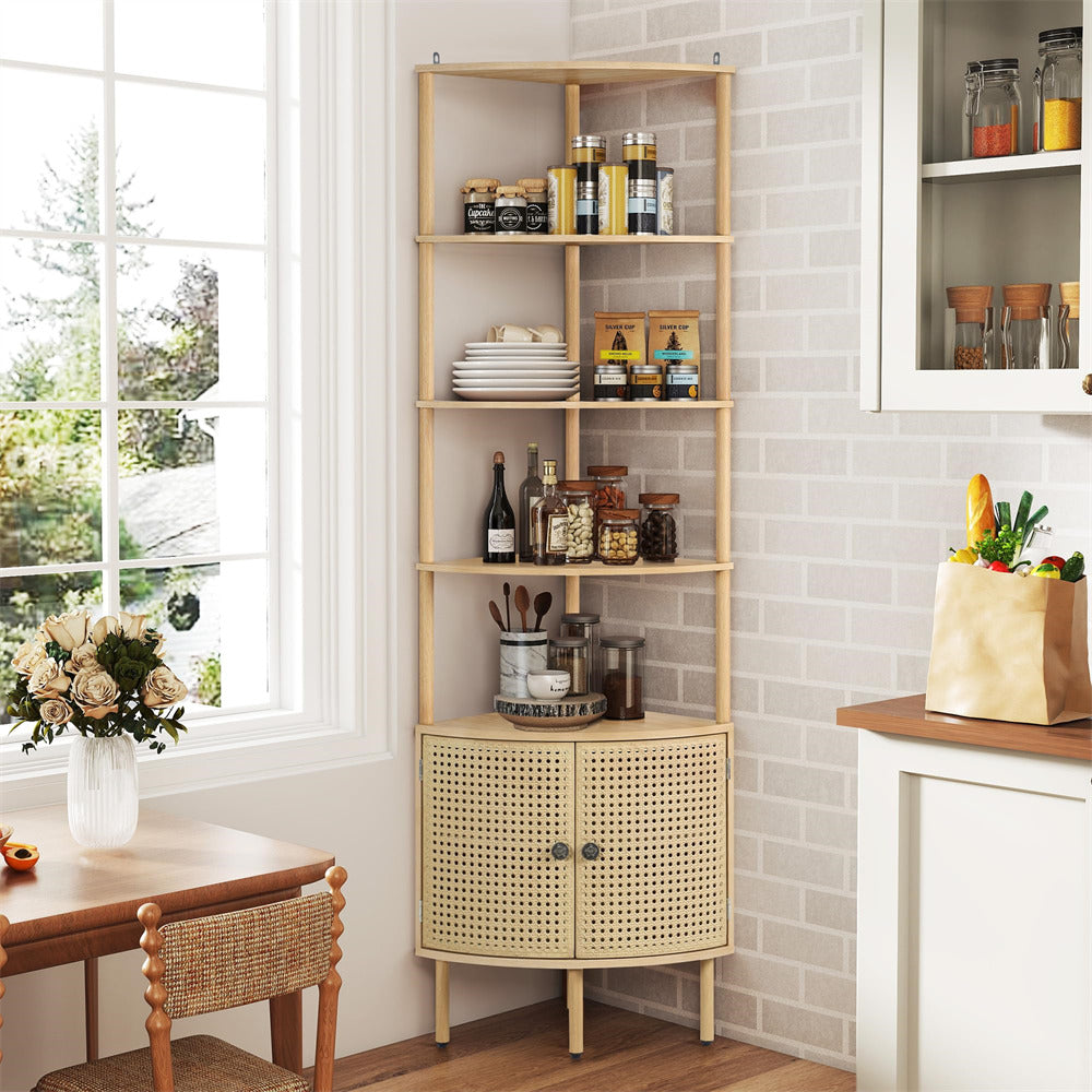 Natural Corner 5-Tier Tall Industrial Bookshelf Organizer with Doors