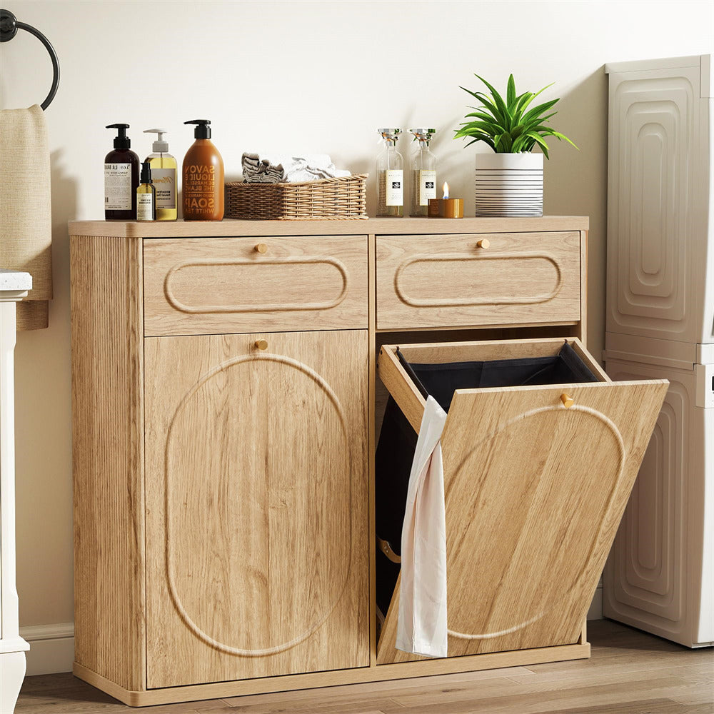 Wooden laundry cabinet with open door revealing clothes, placed in a bathroom setting.