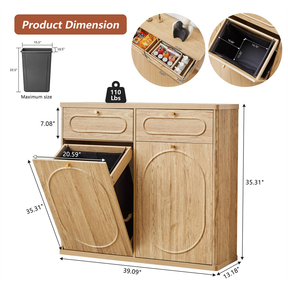 Wooden cabinet with dimensions and features on a white background