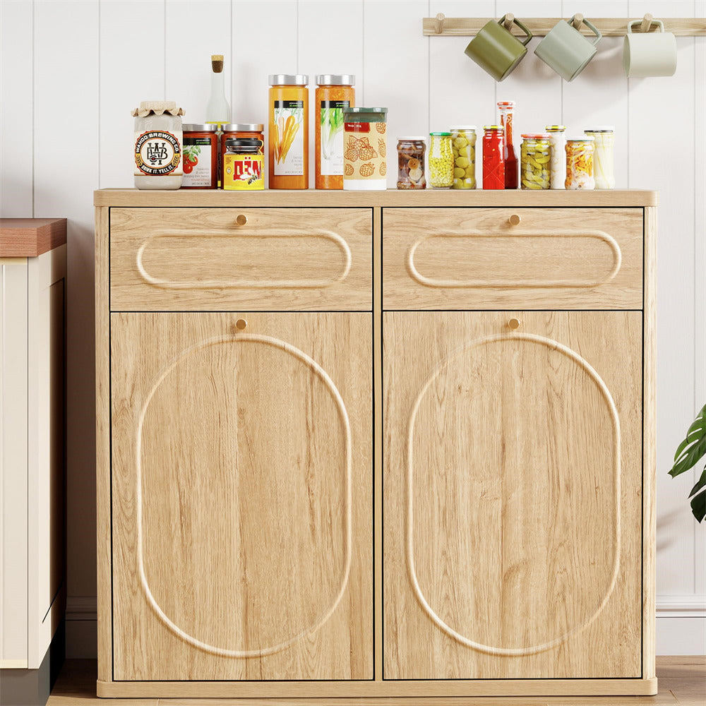 Wooden cabinet with jars on top against a white wall