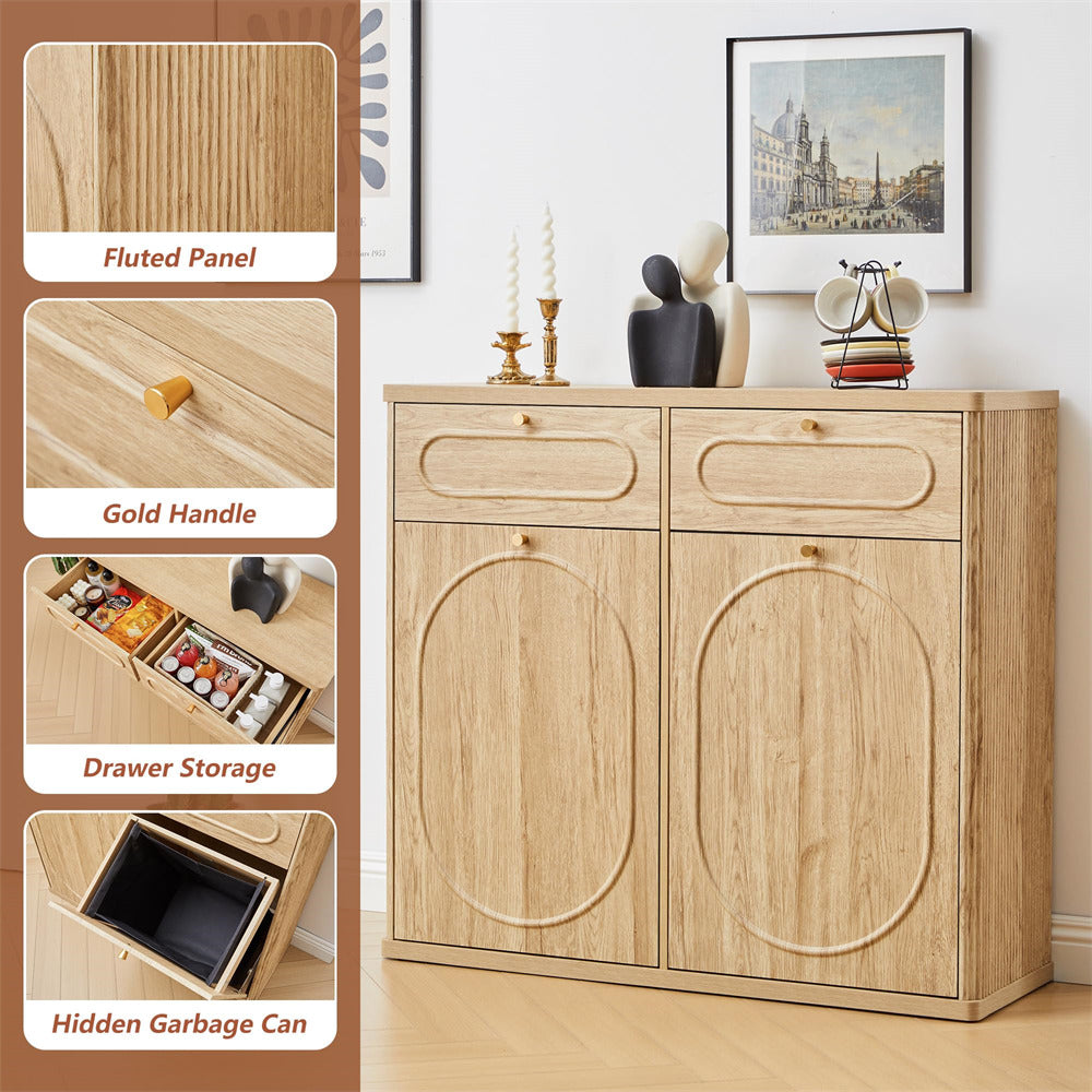 Wooden cabinet with fluted panel, gold handle, drawer storage, and hidden garbage can feature.
