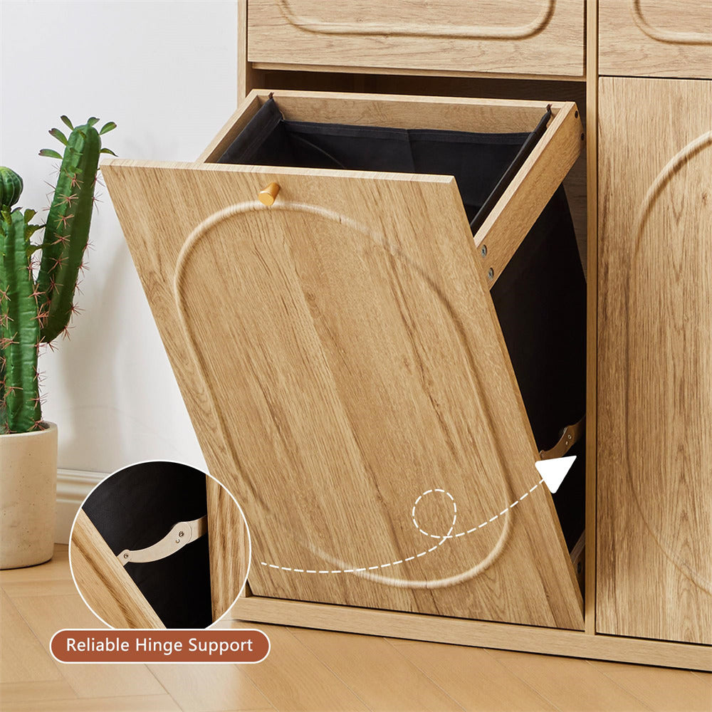 Wooden cabinet with a drawer open, revealing a cactus plant in the background.