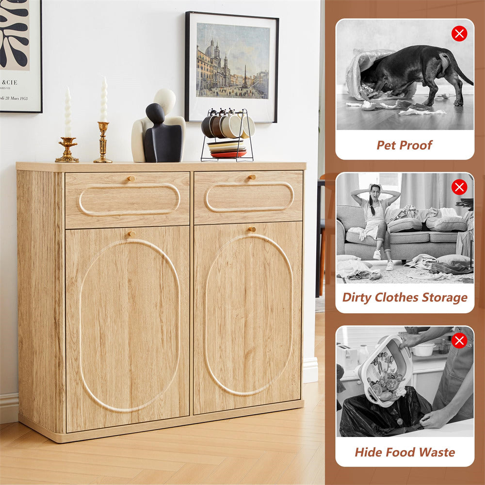 Wooden cabinet with decorative items on top, pet proof, dirty clothes storage, and hide food waste features.
