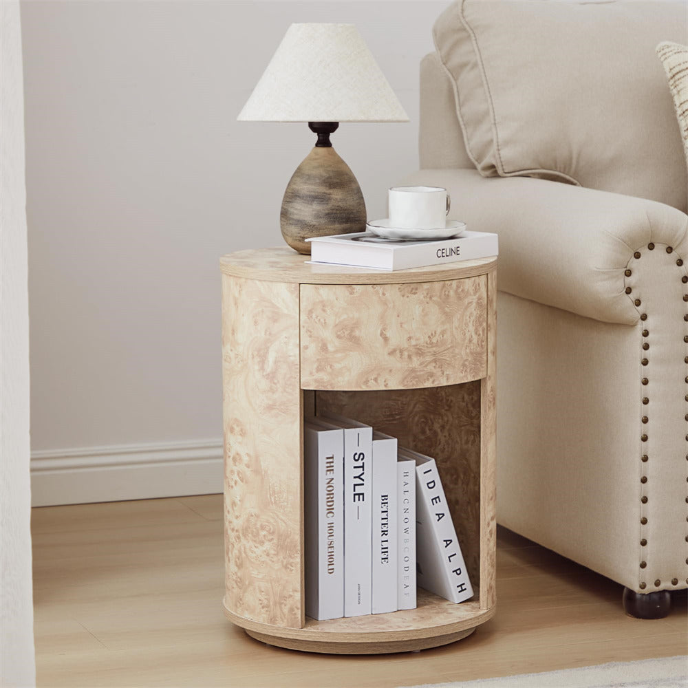 Natural Farmhouse Burl Wood Side Table Round Nightstand with Open Shelf and Drawer