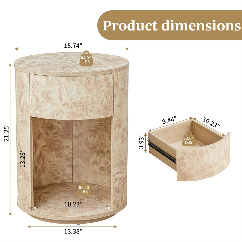 Natural Farmhouse Burl Wood Side Table Round Nightstand with Open Shelf and Drawer