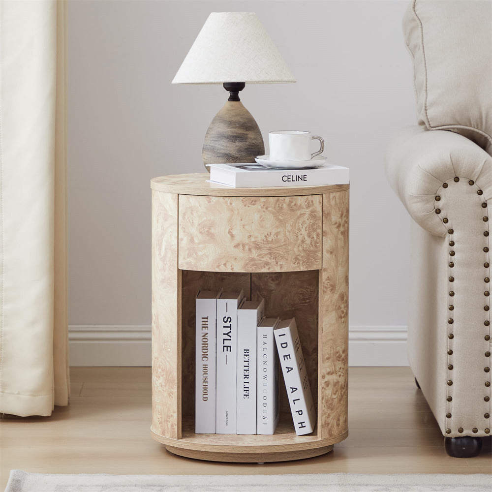 Natural Farmhouse Burl Wood Side Table Round Nightstand with Open Shelf and Drawer