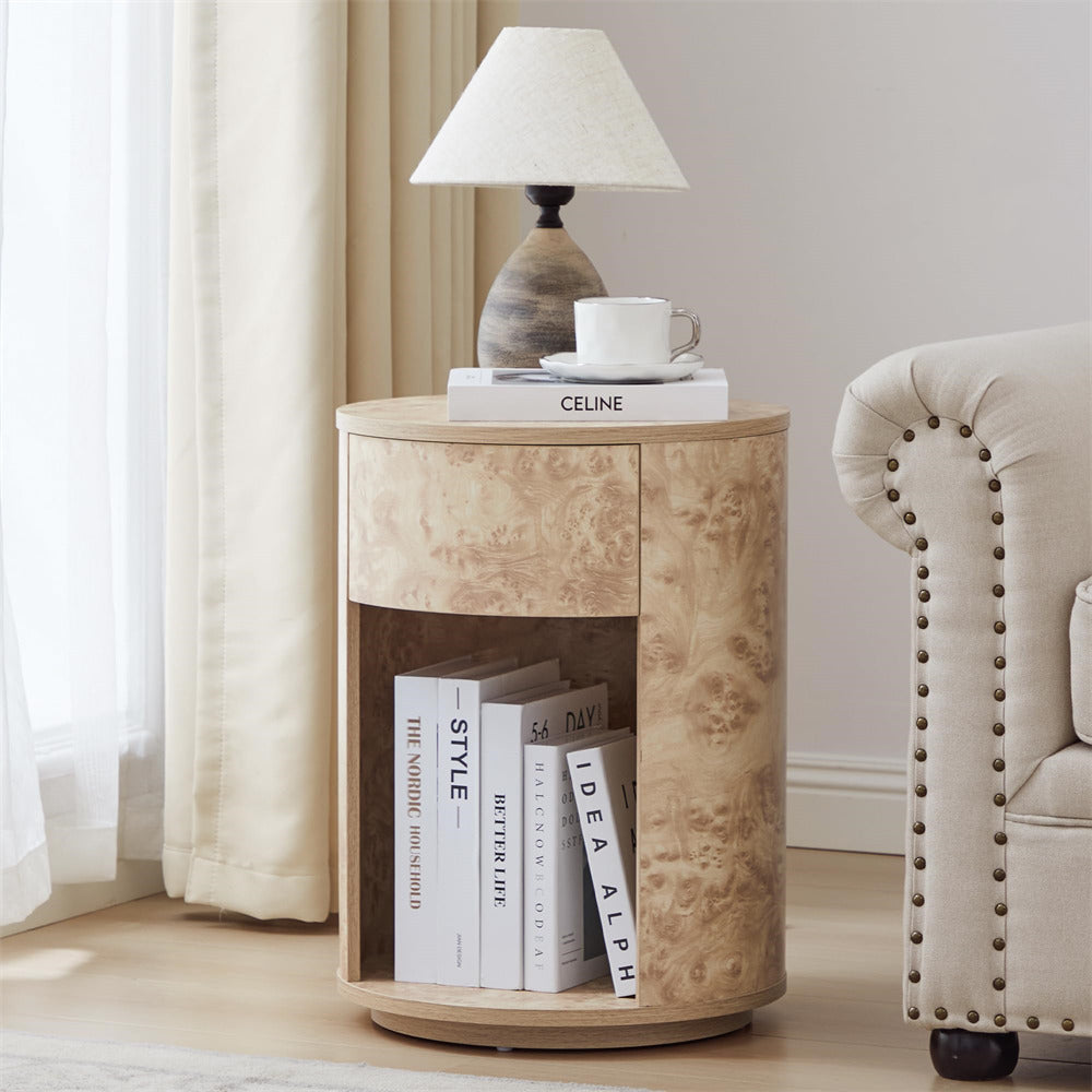 Natural Farmhouse Burl Wood Side Table Round Nightstand with Open Shelf and Drawer