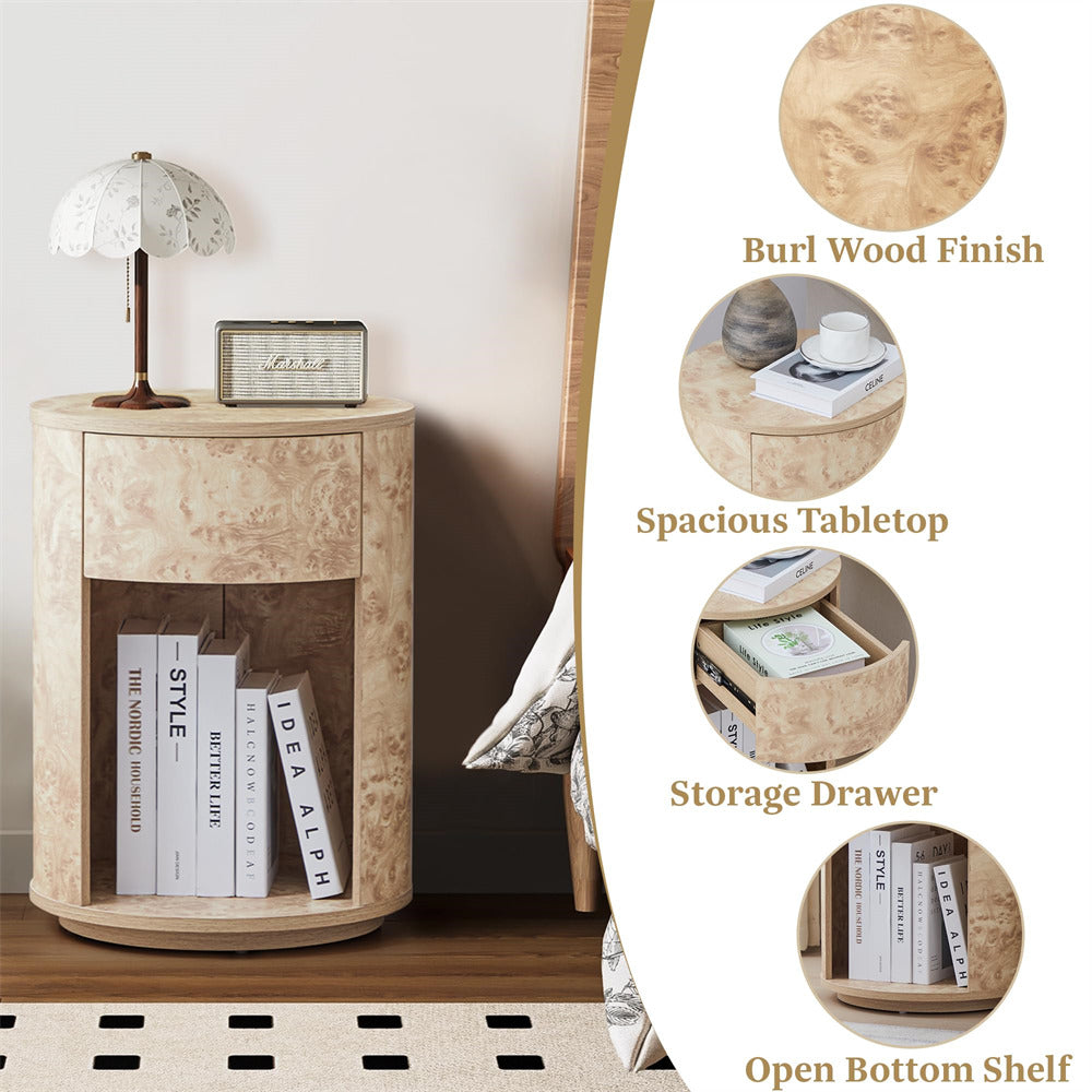 Natural Farmhouse Burl Wood Side Table Round Nightstand with Open Shelf and Drawer