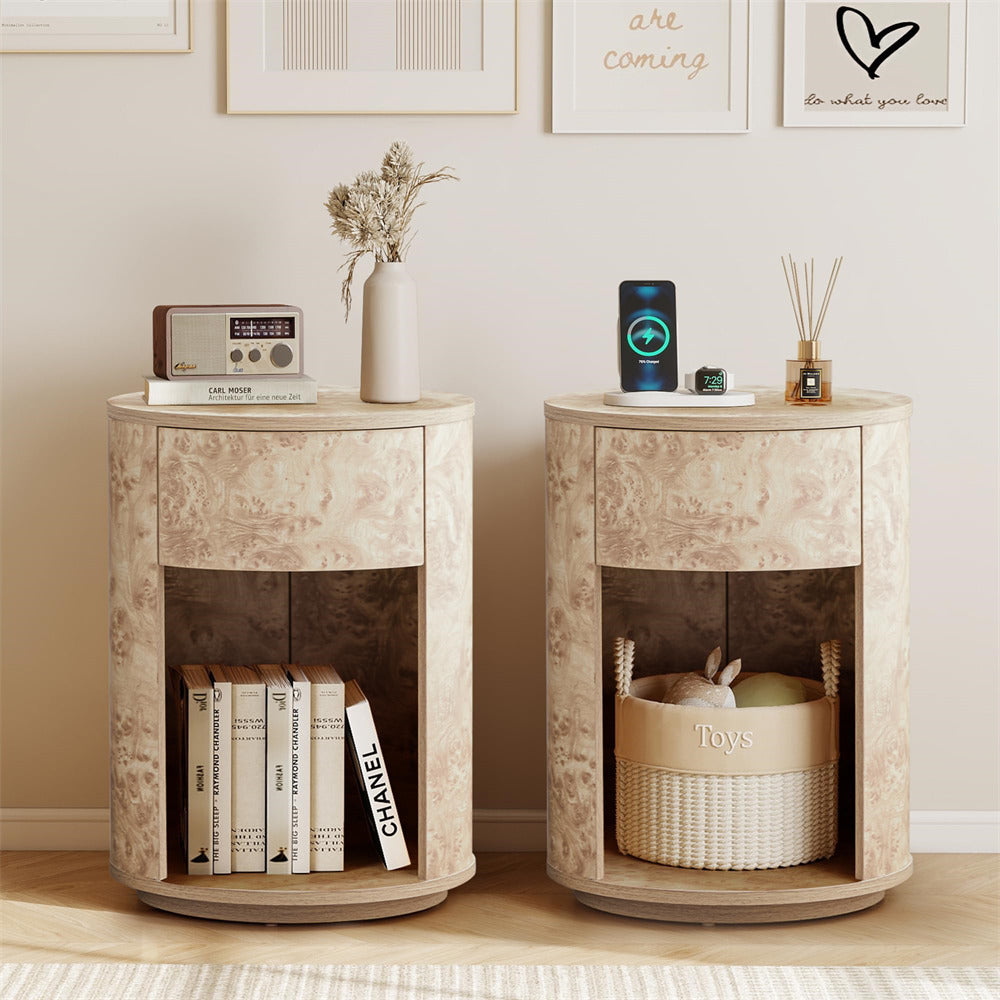 Natural Farmhouse Burl Wood Side Table Round Nightstand with Open Shelf and Drawer