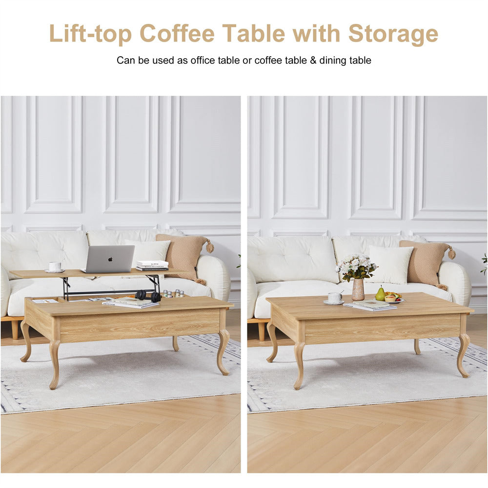 Lift-top coffee table with storage used as an office table, coffee table, and dining table in a living room setting.
