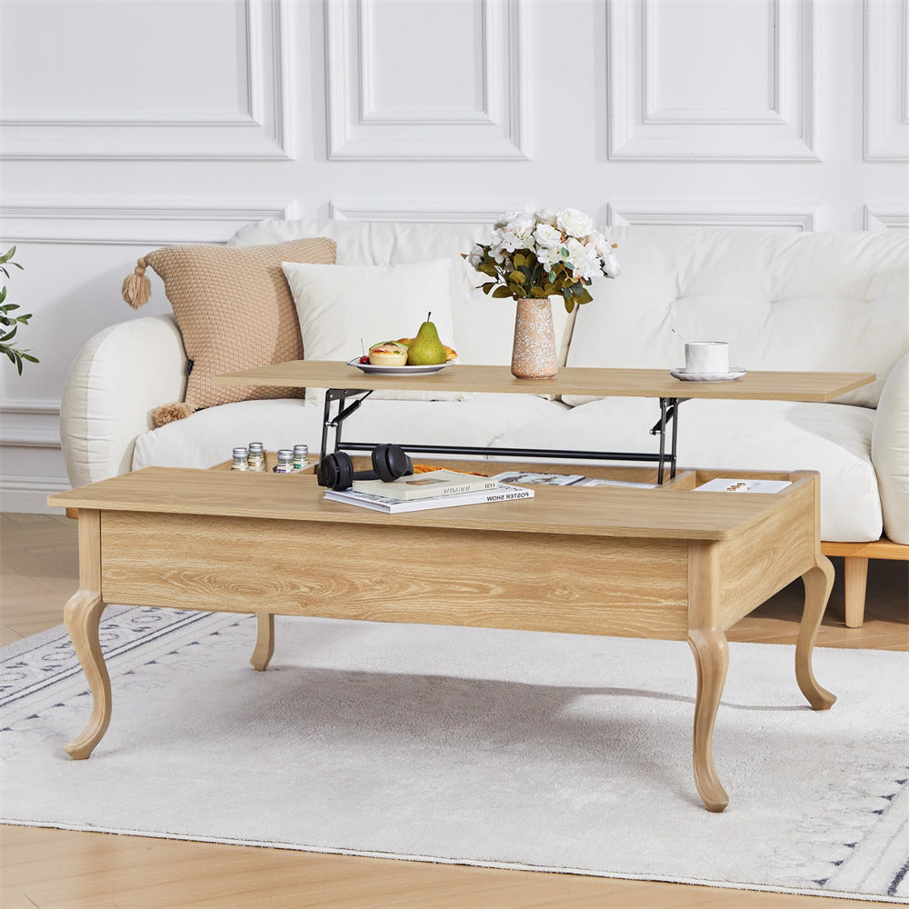 Wooden coffee table in a living room setting with a sofa and decorative items.