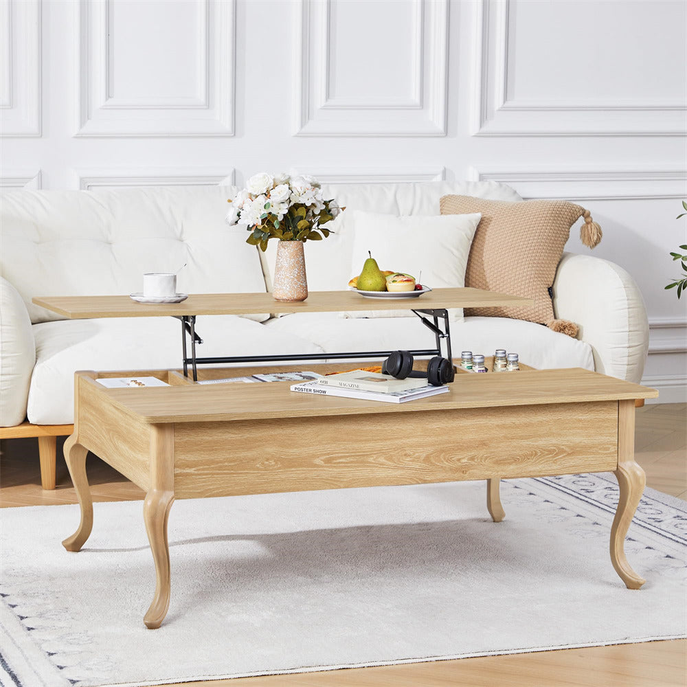 Light wood coffee table with lift-top feature in a living room setting.