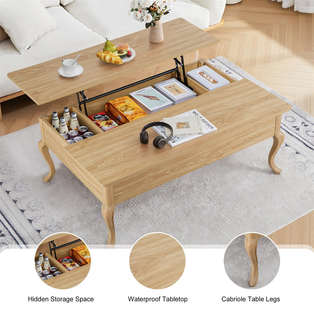 Wooden coffee table with hidden storage space in a living room setting