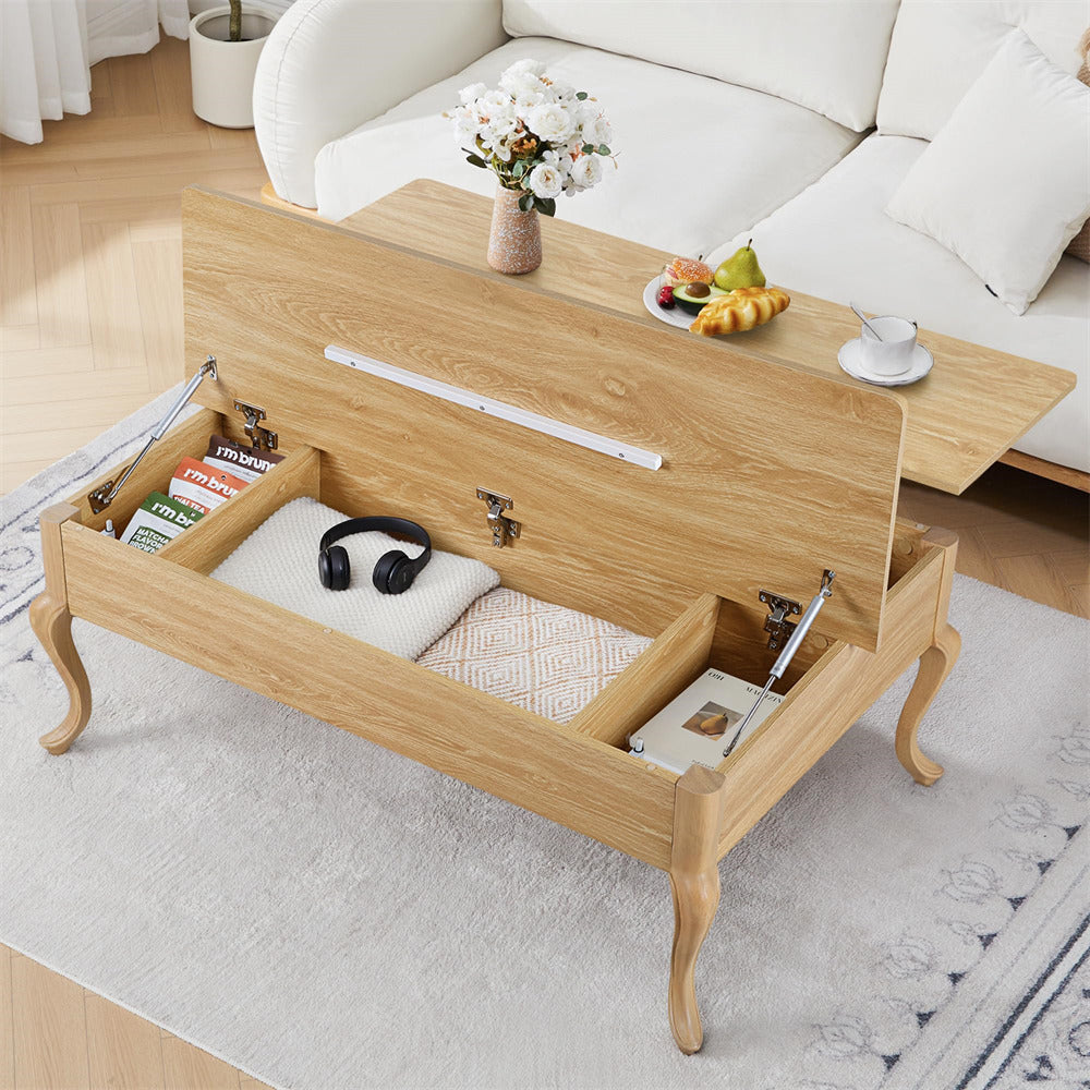 Wooden coffee table with storage compartments in a living room setting