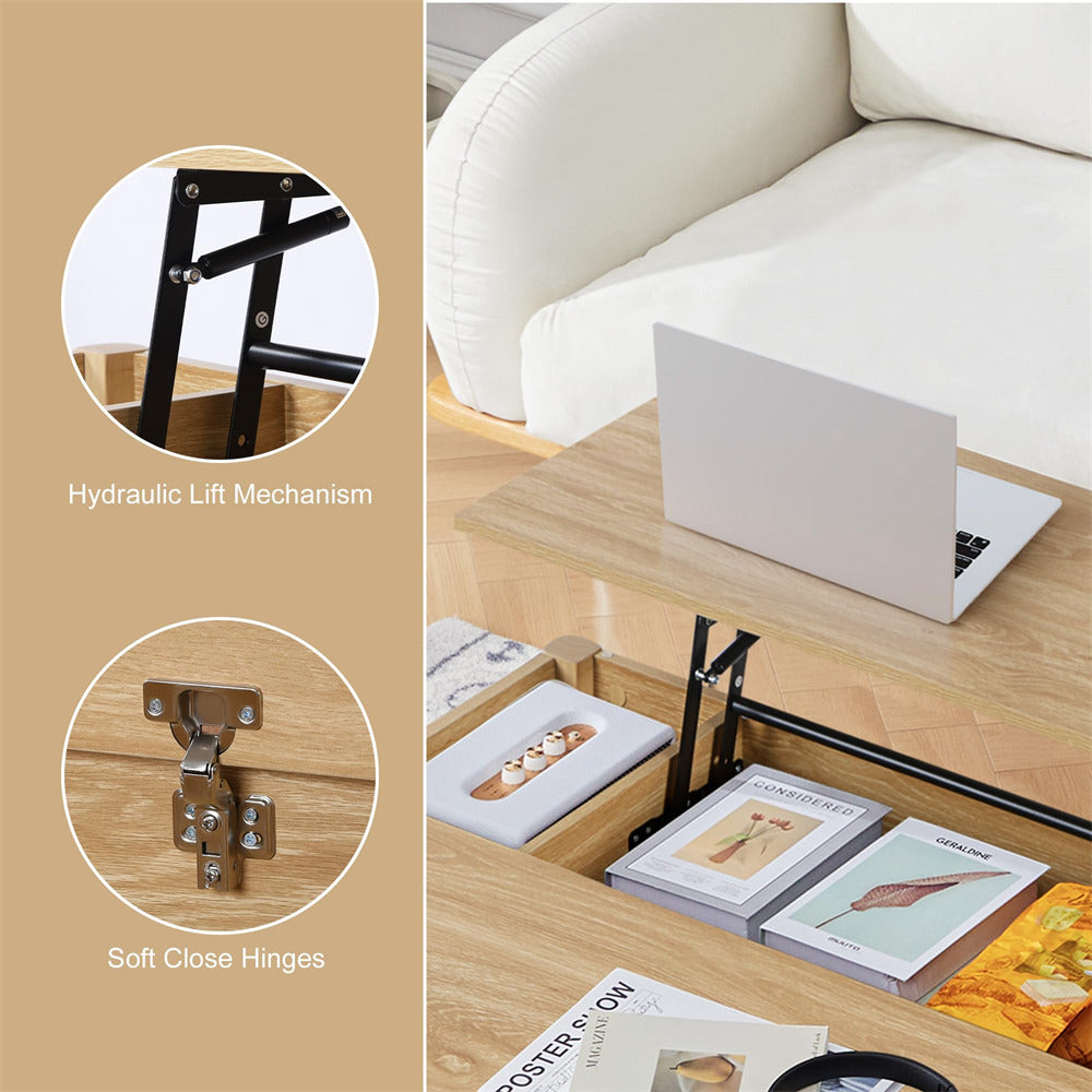 Wooden desk with laptop and books, close-up of hydraulic lift mechanism and soft close hinges.