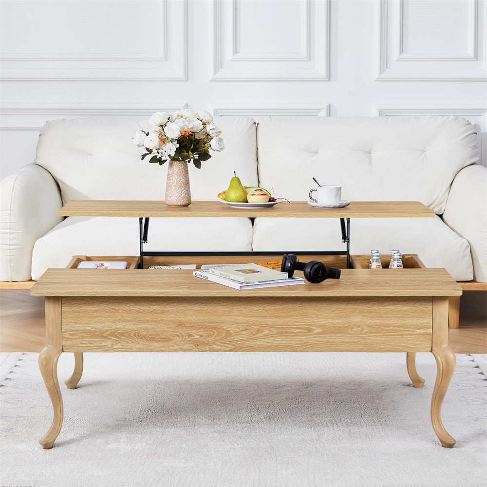 Wooden coffee table with decorative items in a living room setting