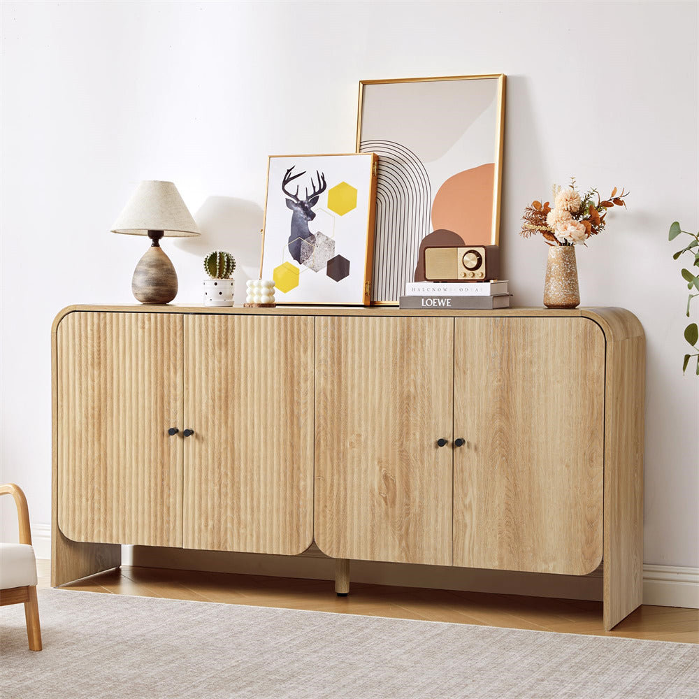 Wooden sideboard with decorative items in a room setting