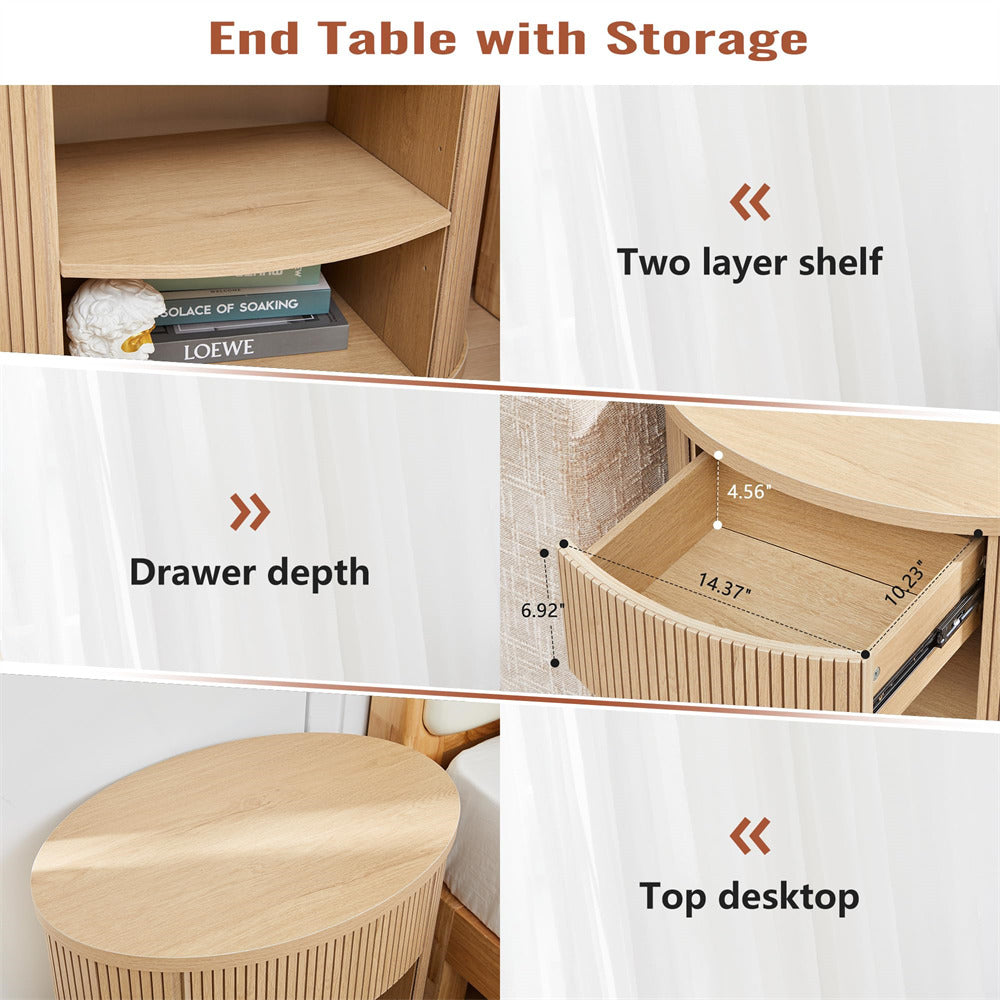 Wooden end table with storage showing two-layer shelf, drawer depth, and top desktop dimensions.