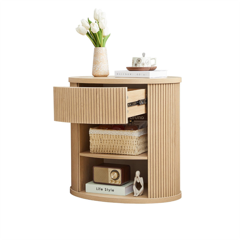Wooden side table with a vase of tulips on a white background