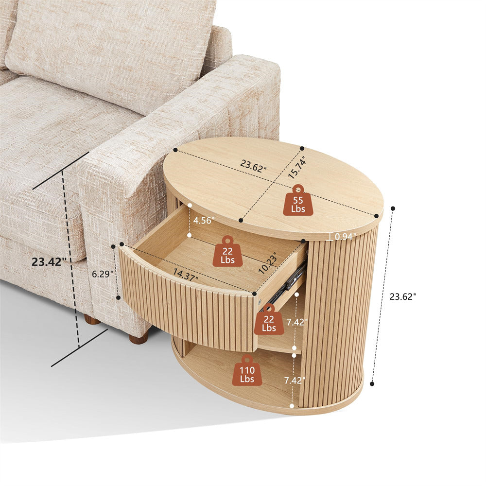 Wooden side table with measurements next to a beige sofa