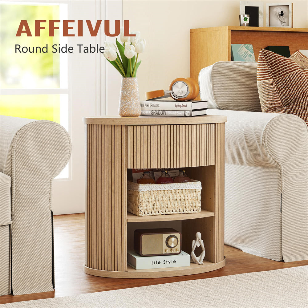 Round side table in a living room setting with books, a clock, and decorative items.