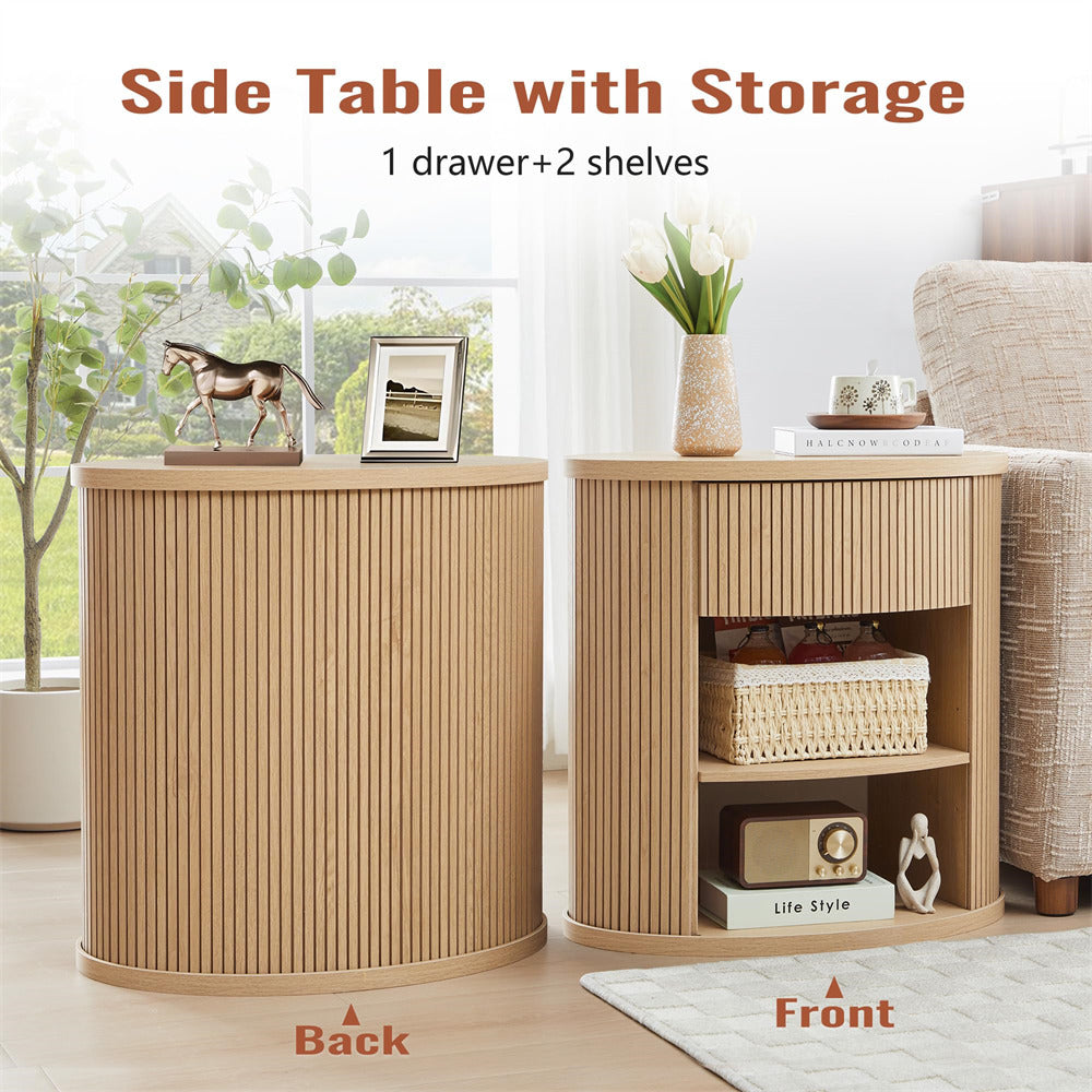 Wooden side table with storage featuring a drawer and two shelves in a living room setting.