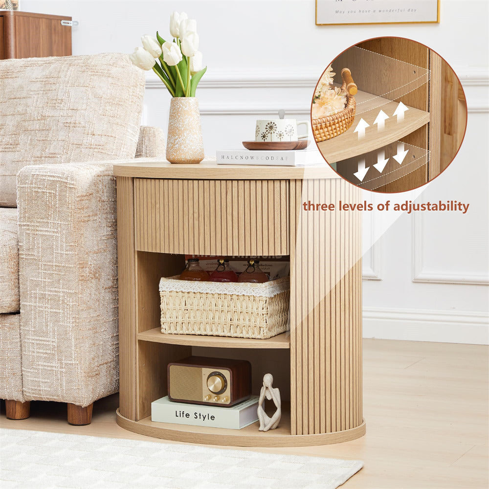 Wooden side table with storage compartments in a living room setting, showing three levels of adjustability.