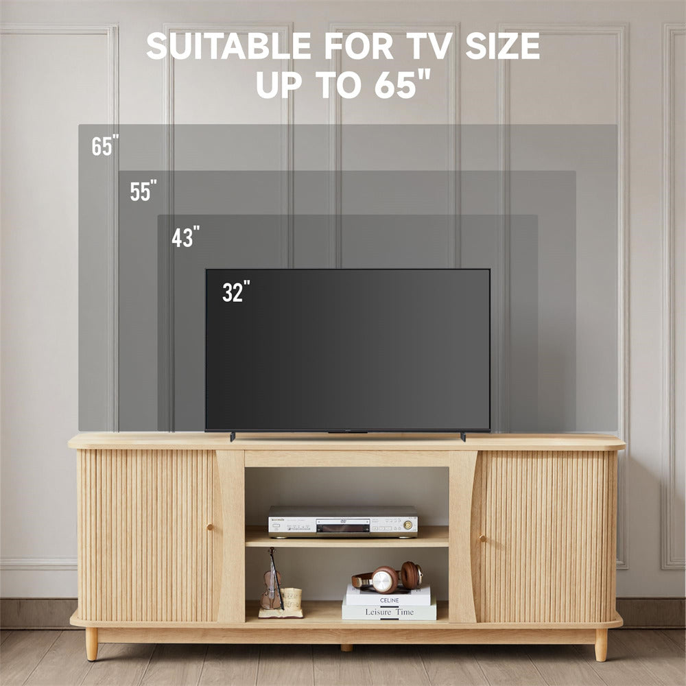 Natural Fluted Fireplace TV Stand Media Console Table with Storage and Sliding Door