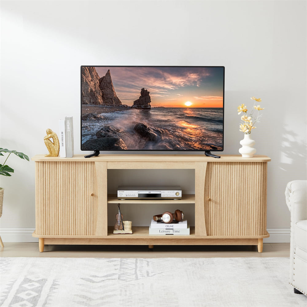 Natural Fluted Fireplace TV Stand Media Console Table with Storage and Sliding Door