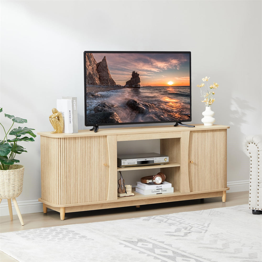 Natural Fluted Fireplace TV Stand Media Console Table with Storage and Sliding Door