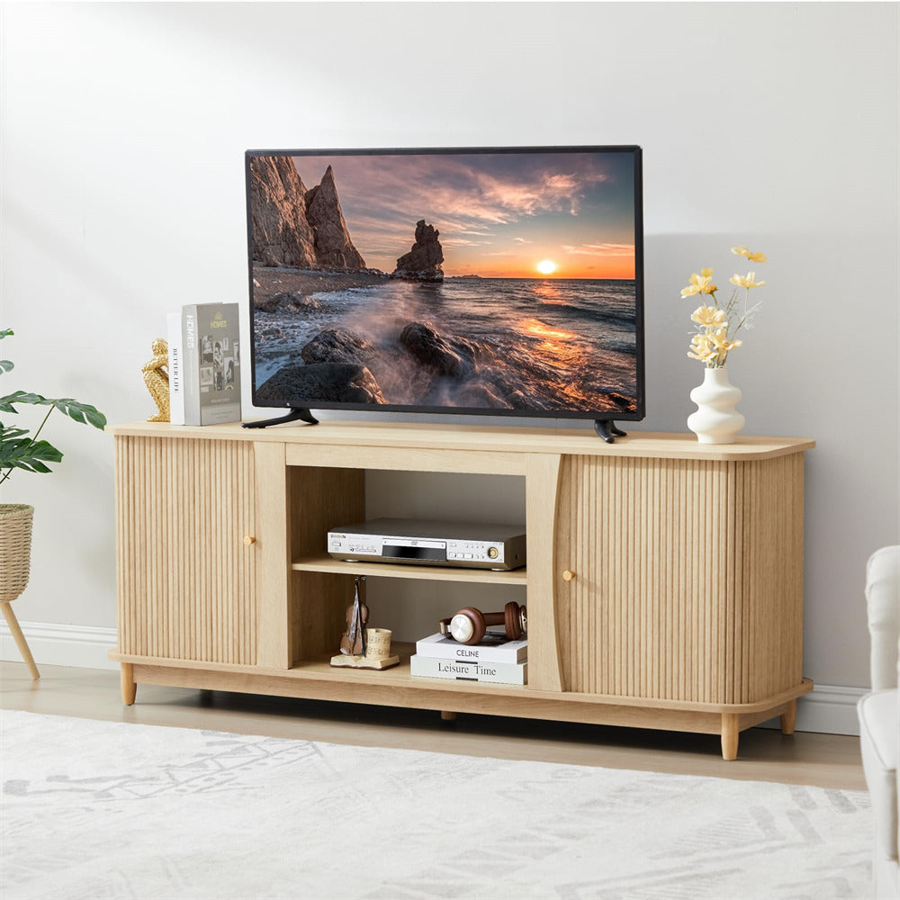 Natural Fluted Fireplace TV Stand Media Console Table with Storage and Sliding Door