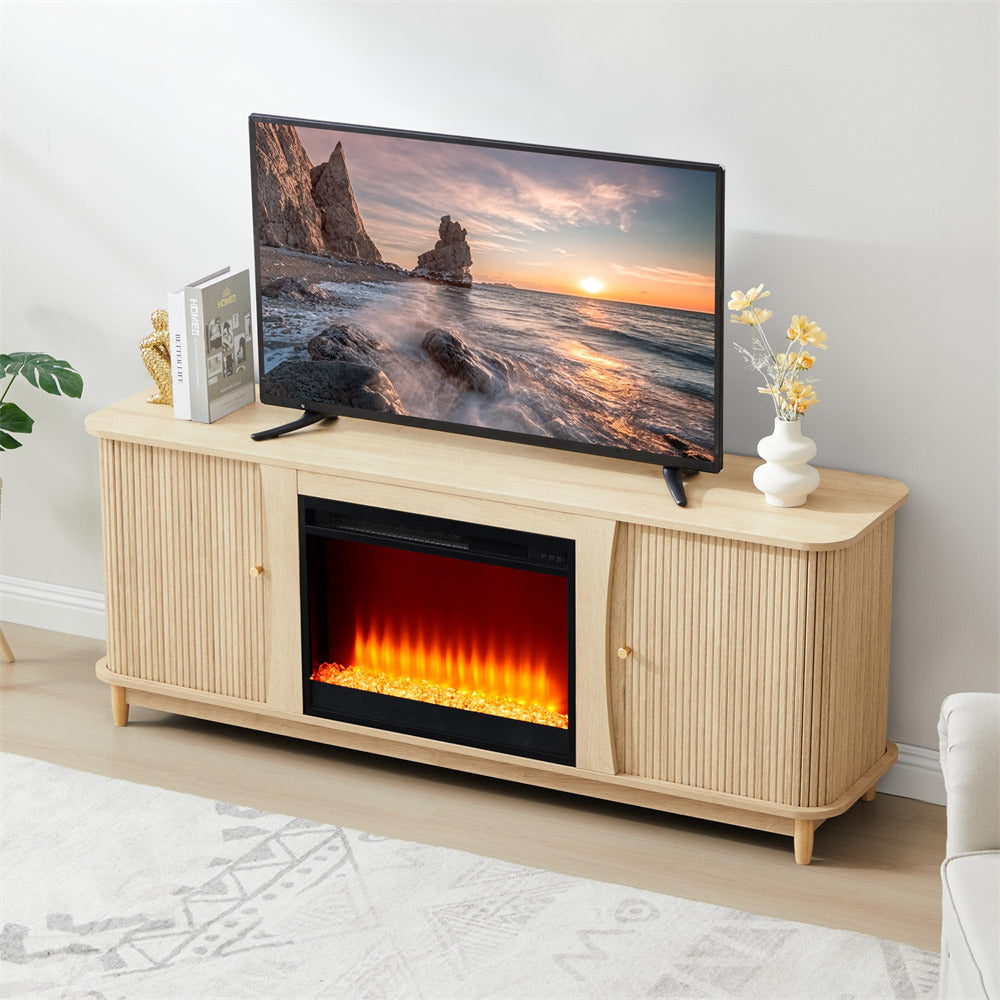 Wooden TV stand with electric fireplace and TV displaying a scenic view.