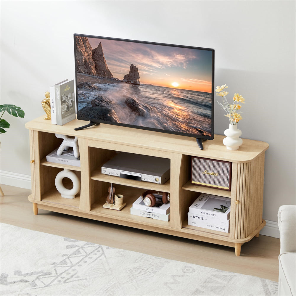 Natural Fluted Fireplace TV Stand Media Console Table with Storage and Sliding Door