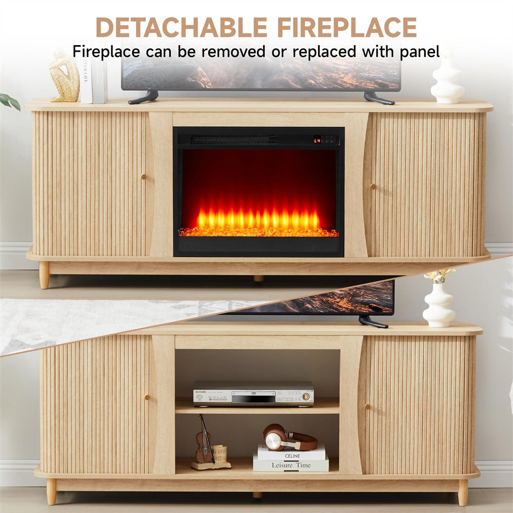 Wooden entertainment console with detachable fireplace insert and TV above.